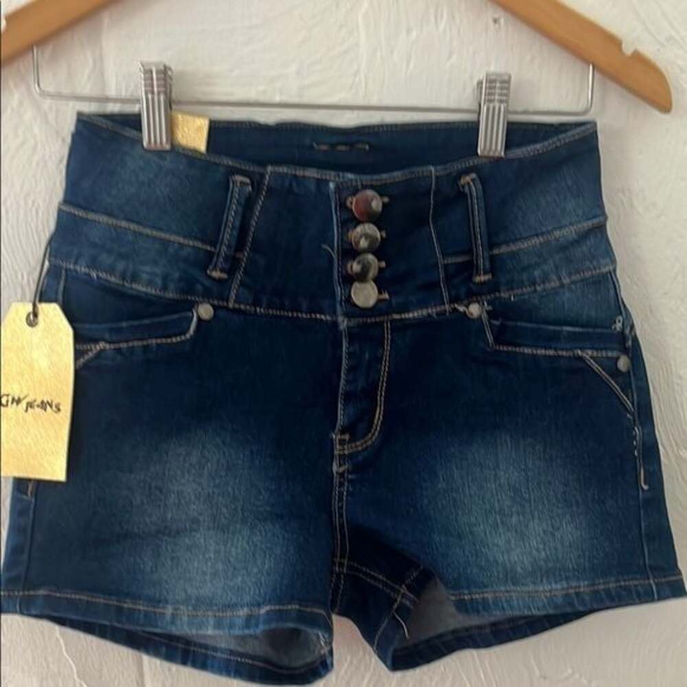 Dark Blue Jean Shorts with Rolled Hem and Mid-Rise Fit